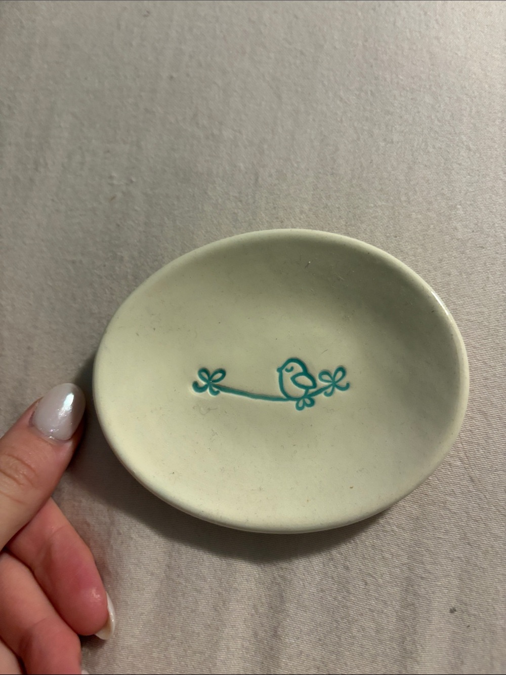Bird Trinket Dish in Light Cream with Teal Design